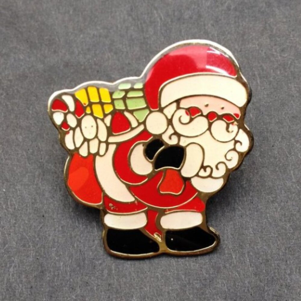 Cute Vintage Santa Claus w/ Gift Bag Red White Gold Enamel Hat Lapel Pin Brooch